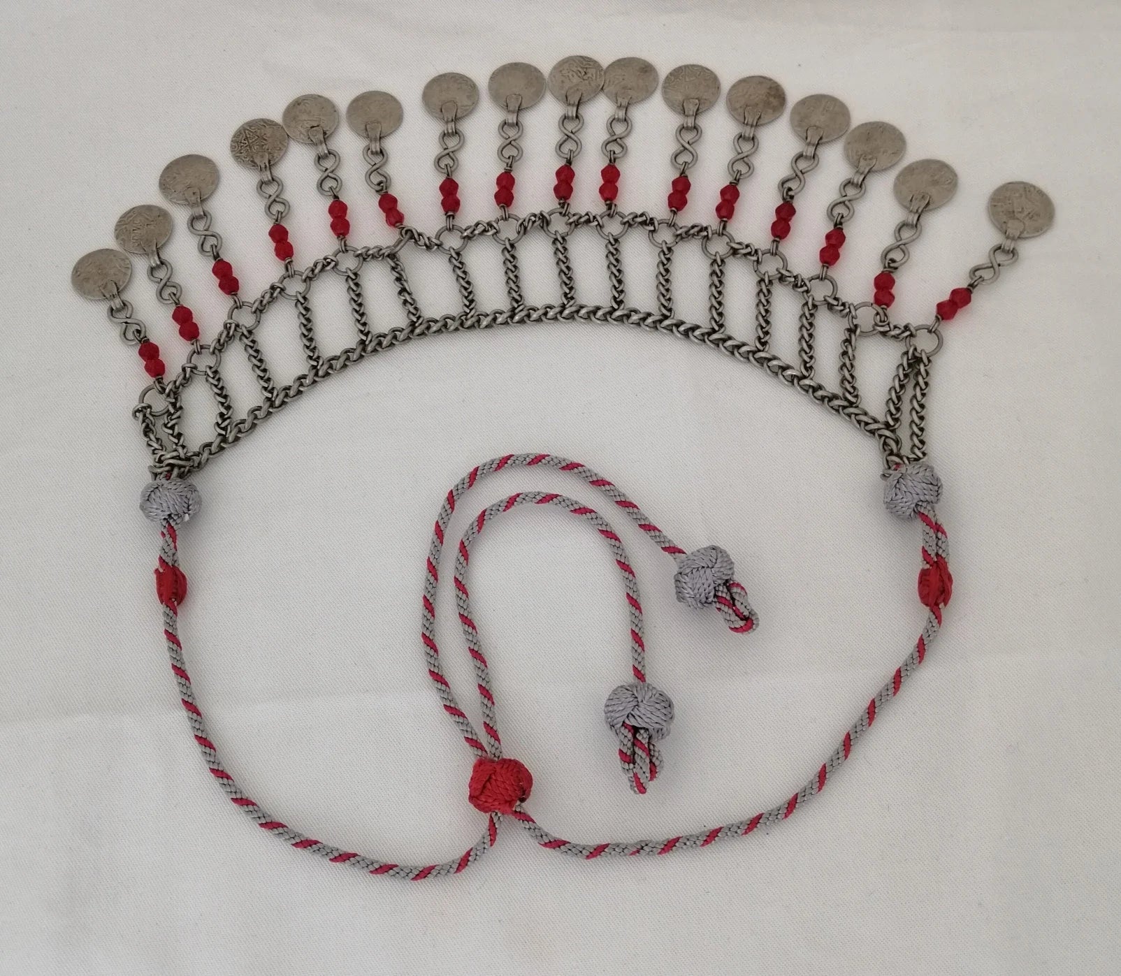 Beautiful Berber Silver Coin and Red Glass Bead Tasfift Headdress Necklace