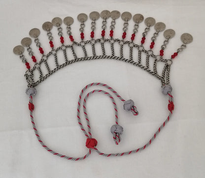 Beautiful Berber Silver Coin and Red Glass Bead Tasfift Headdress Necklace