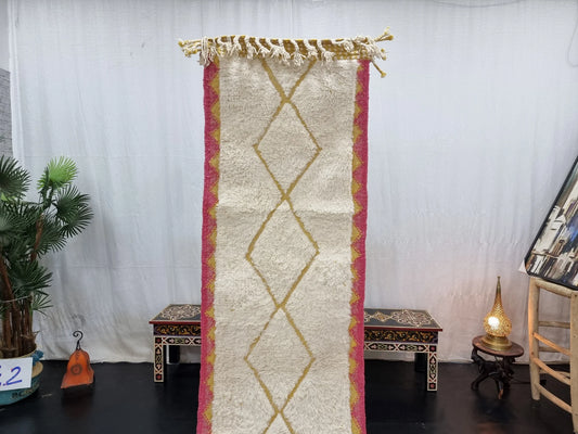 CUTE BENIOURAIN RUG, Handmade Rug 2X10, Pink & Mustard Runner Rug, Berber Wool Rug, Geometric Wool Rug, Runner Rug, Area Rug, Handwoven Rug