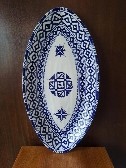 Extra Large Blue and White Moroccan Oval Plate – 58Cm Hand-Painted Ceramic Serving Platter, Statement Tableware, Wall Decor