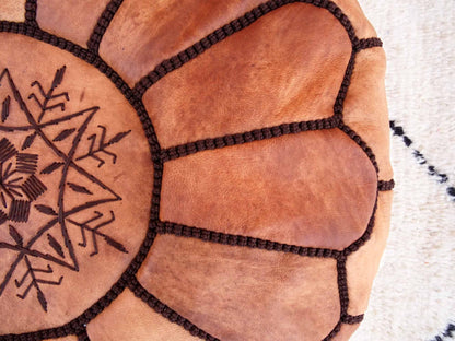 Pouf Marocain En Cuir Huilé - Cuir Véritable Fait Main - Pouf Repose-Pieds Ottoman - Pouf 100 % Cuir Naturel Véritable - Pouf Vintage