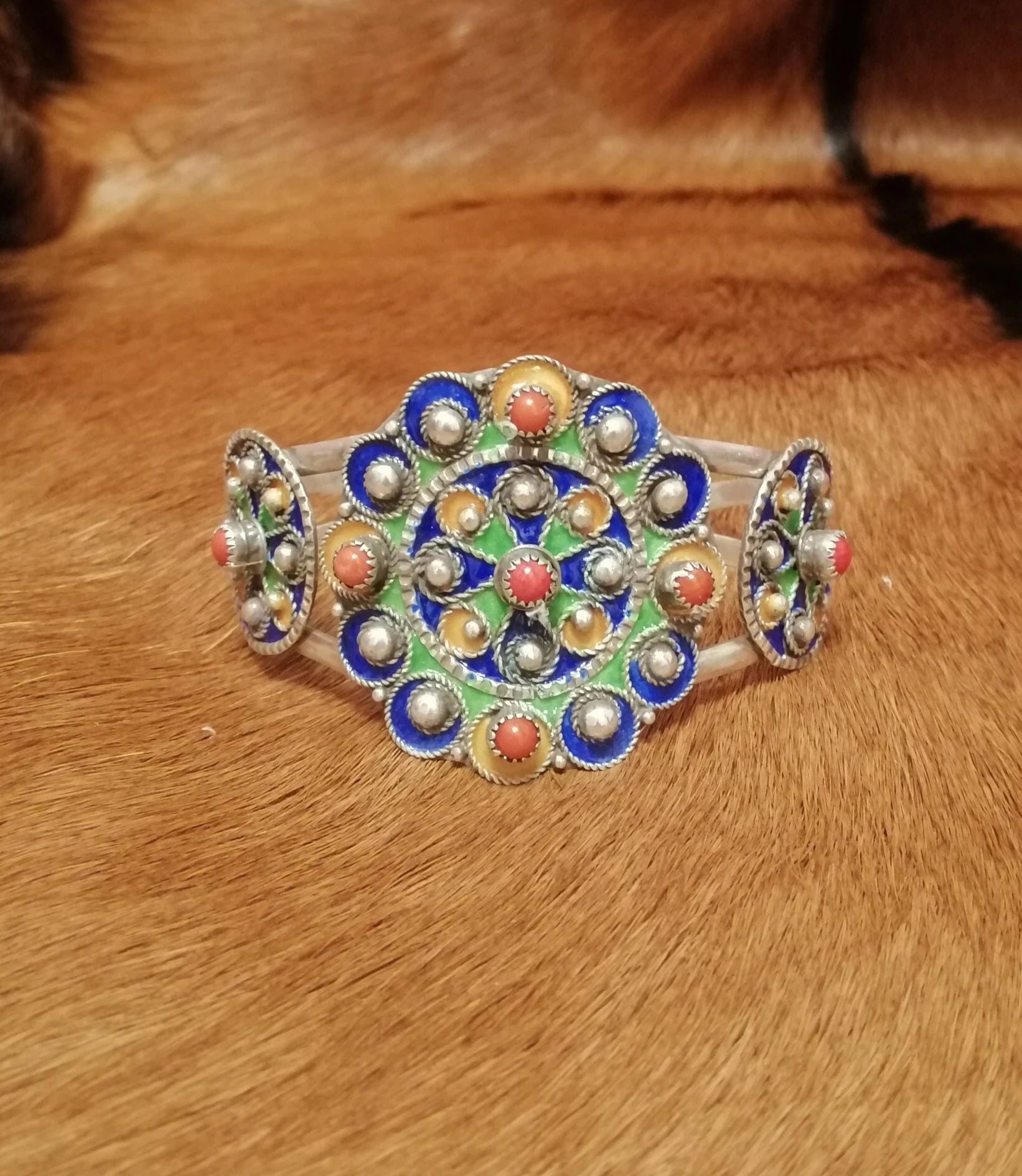 Enamel Flower Design Silver Cuff Bracelet