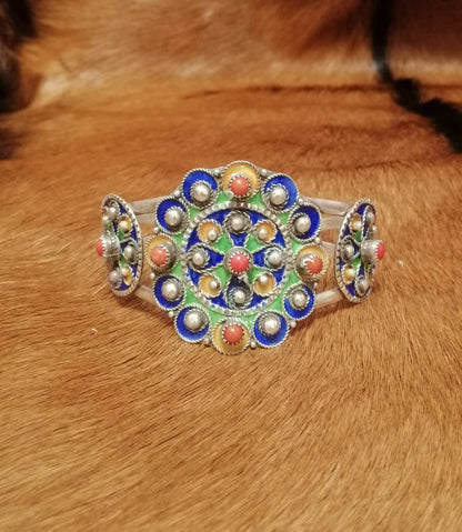 Enamel Flower Design Silver Cuff Bracelet