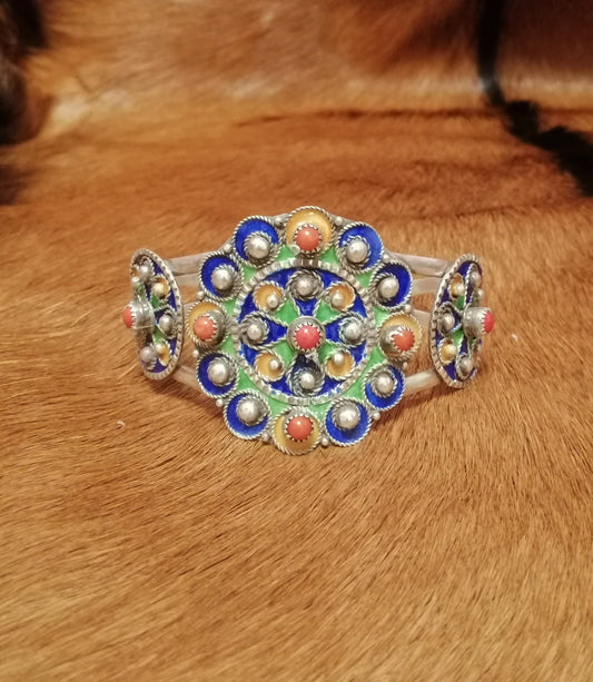 Enamel Flower Design Silver Cuff Bracelet