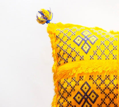 Yellow Wedding Blanket Pillow | Handira Blanket Cushion Cover Wool Pillow Cover with Sequins