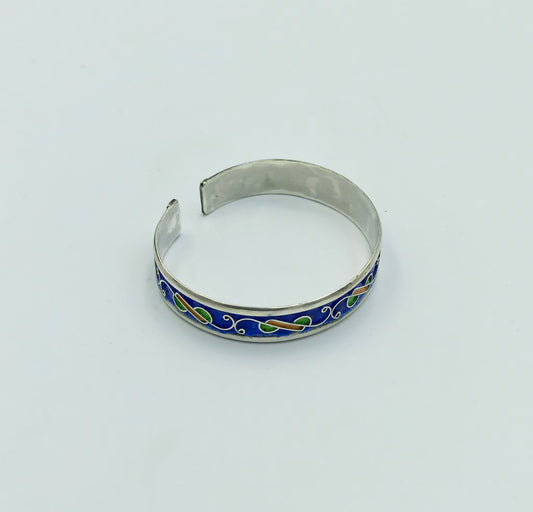 Berber Bracelet Enamelled Blue Yellow Green in Silver 925, Amazigh Bracelet of Silver Filigree Artisanal, Barcelet Handmade in Tiznit