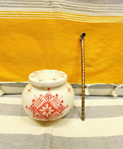 Moroccan Ceramic Ashtray with Berber Desgine Painted by Hand Unique Ashtray, Decorative Ashtray, Red and White Ashtray with Handmade Pipe