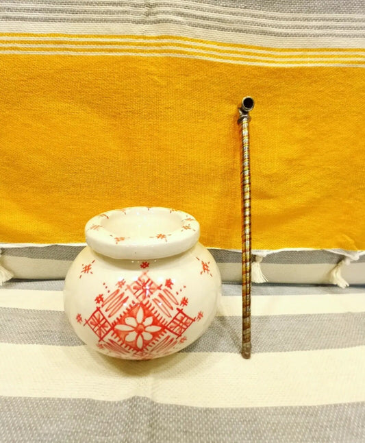 Moroccan Ceramic Ashtray with Berber Desgine Painted by Hand Unique Ashtray, Decorative Ashtray, Red and White Ashtray with Handmade Pipe