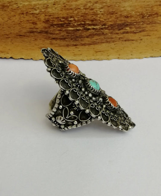 Vintage Oval Silver Ring with Coral & Turquoise