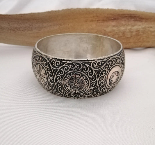 Deeply Hand Carved Vintage Berber Silver Bangle