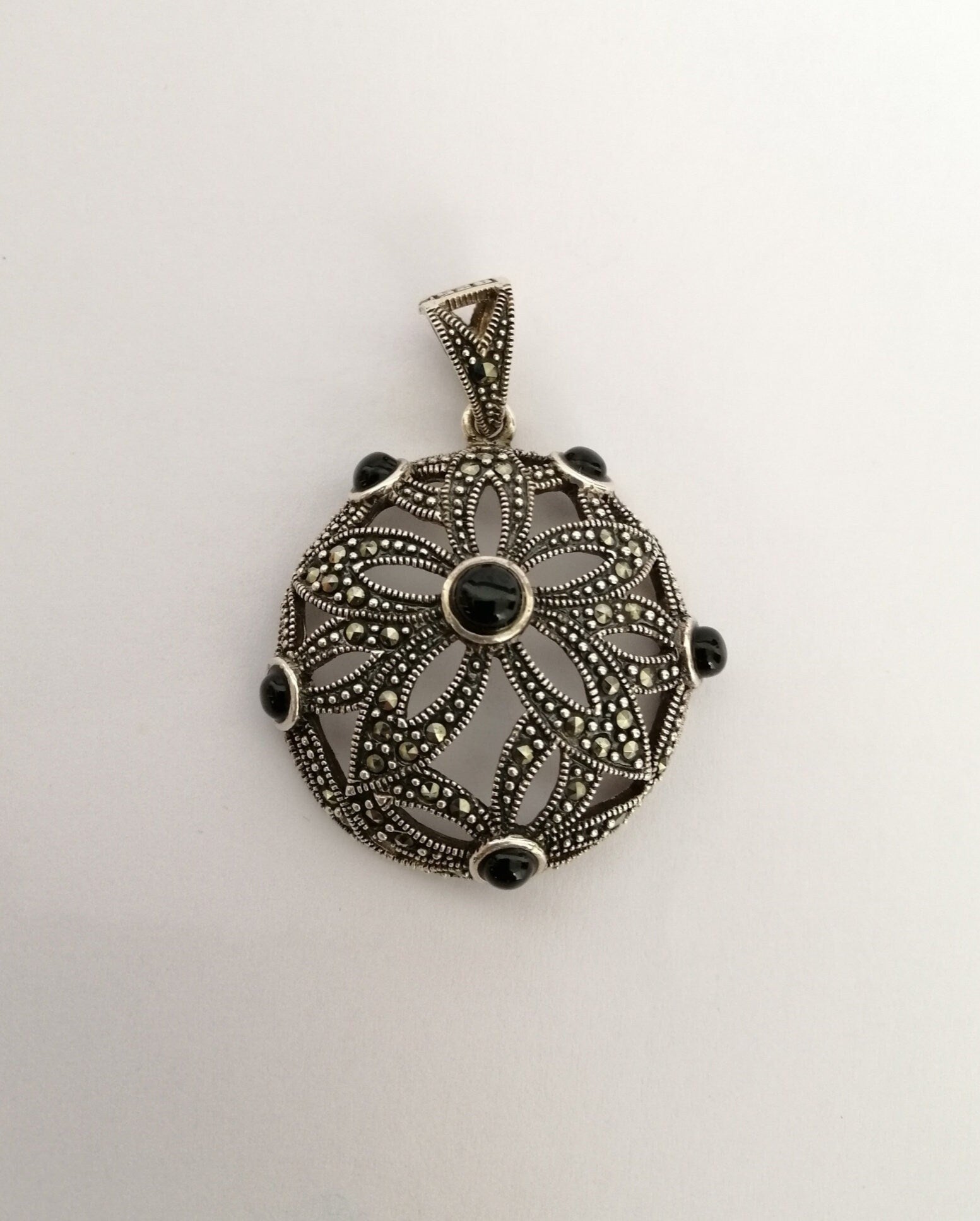 Retro Deco-Style Sterling Silver and Onyx Pendant