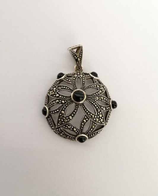 Retro Deco-Style Sterling Silver and Onyx Pendant