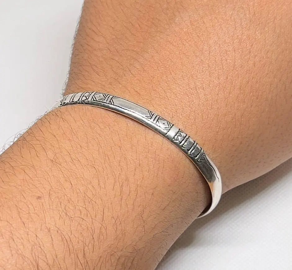 Tuareg Berber Silver Cuff Bracelet, Moroccan Silver Cuff Bangle Handmade Tribal Carved Boho Berber African Touareg Boho Gift Hyppy Sterling