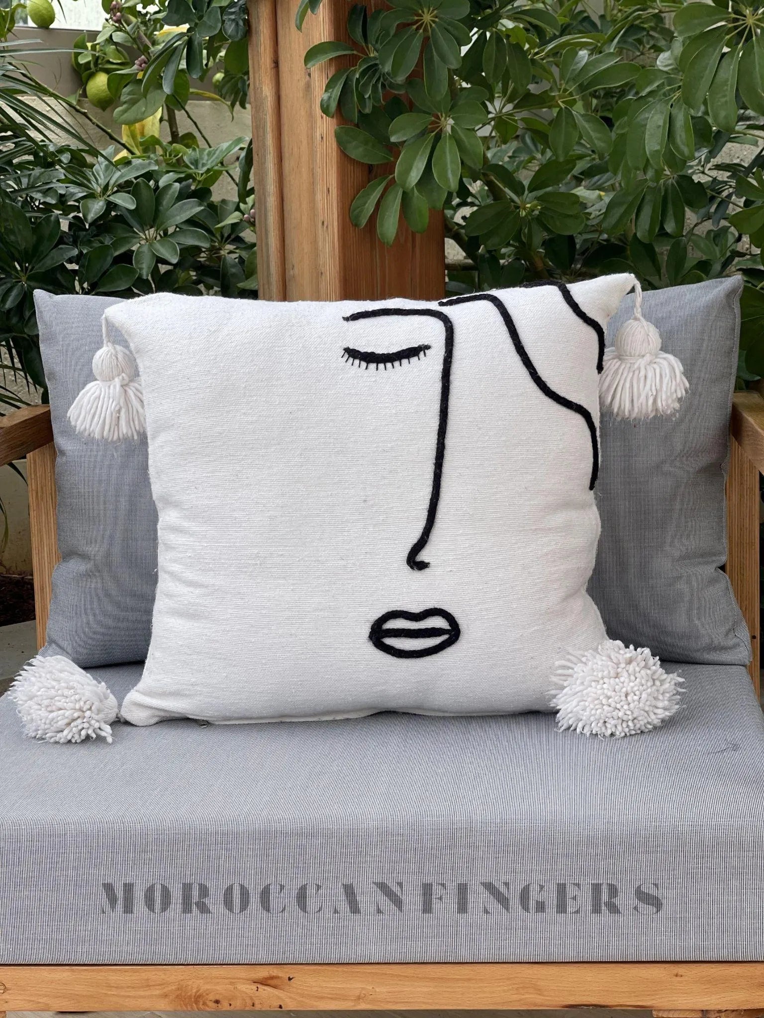 Set of 2 Line Art Pillow Covers – 18X18 Abstract Face Cushions, Handwoven Boho Decor, Recycled Cotton, Moroccan Handmade