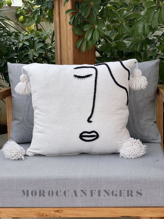 Set of 2 Line Art Pillow Covers – 18X18 Abstract Face Cushions, Handwoven Boho Decor, Recycled Cotton, Moroccan Handmade