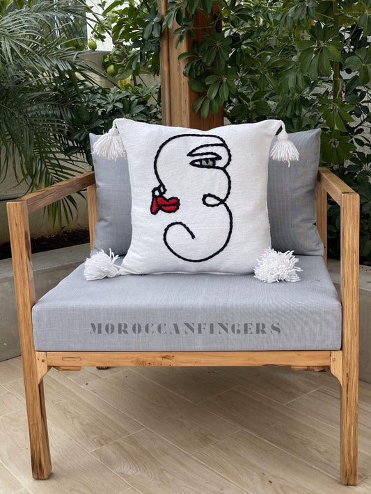 Abstract Face Pillow Covers 18X18 – Set of 2 Boho Cushion Covers, Handwoven Recycled Cotton, Handmade in Morocco