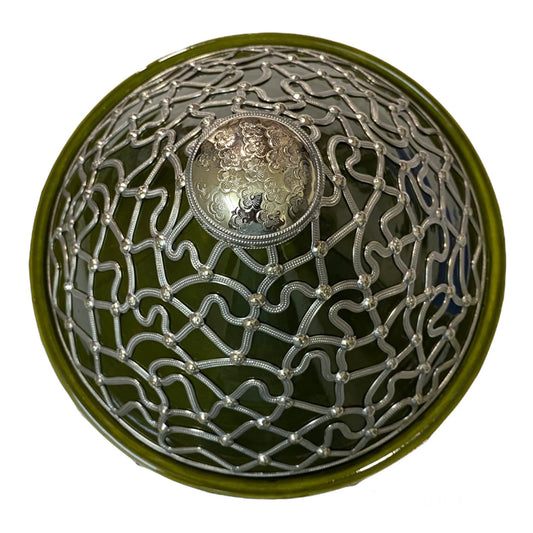 A Handmade and Hand-Painted Moroccan Tagine Dish, Encrusted with Maillechort.