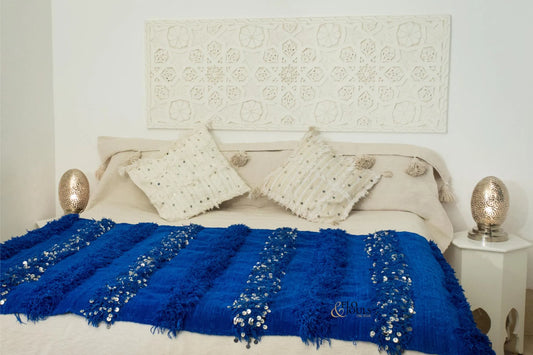 Handira Wedding Blanket | Moroccan Handmade Luxury Throw, Handira Blue Majorelle with Sequins, Berber Rugs, Carpet, Woven Bed Throw Blanket