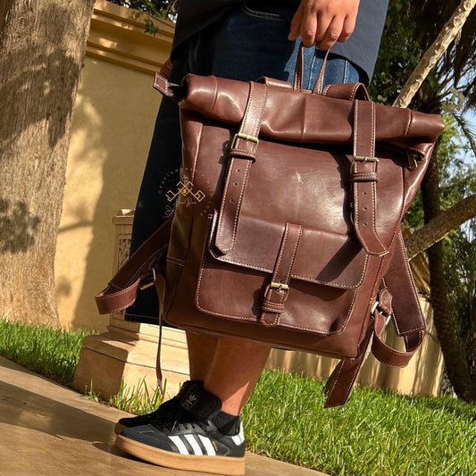 Moroccan Roll Top Leather Backpack for Men & Women | Leather Trekking Travel Backpack Rucksack | Fashion Leather Gift Backpacks