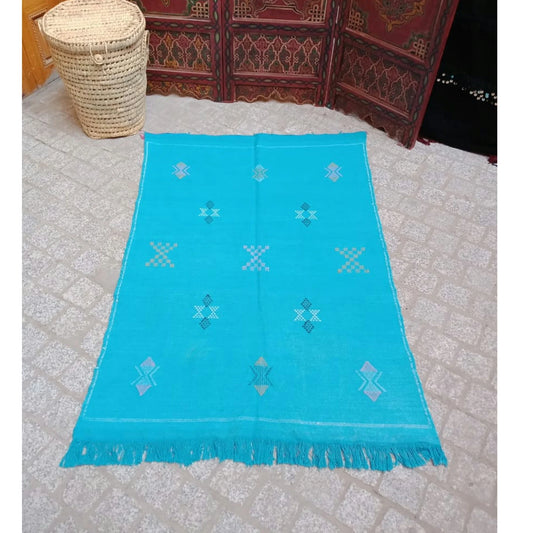 Moroccan Cactus Silk Rug, Handmade Sabra Cactus Rug, Berber Sabra Rug ,Authentic Azilal Rug, Bleu Cactus Silk ,Bohemian Rug