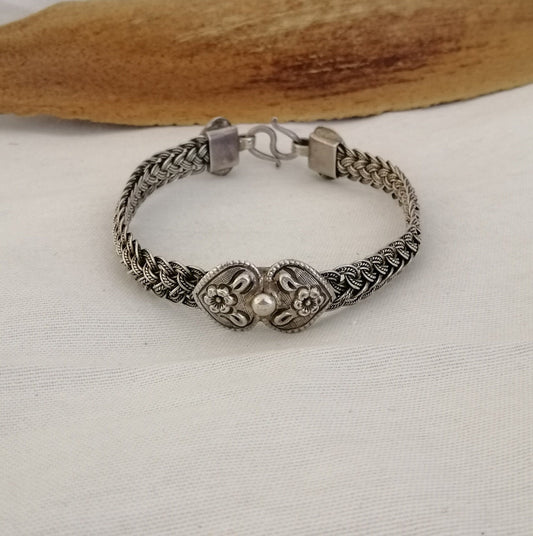 Woven 4 Strand Pure Silver Bracelet with Heart Motif