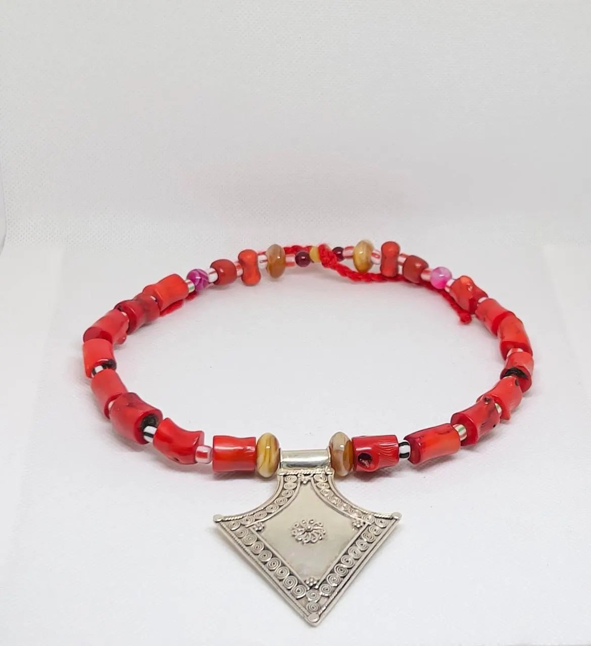 Antique Silver Berber Coral Necklace, Red Coral Beads with Vintage Tribal Pendant, Handmade African Ethnic Necklace, Gift for Her or Him