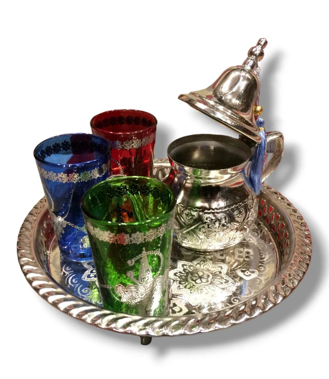 Elegant Moroccan Tea Set with Teapot, 3 Cups, and Tray Tea Ensemble Teapot and Cup Set Moroccan Tea Service Exquisite Tea Tray