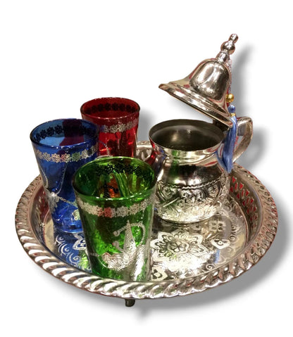 Elegant Moroccan Tea Set with Teapot, 3 Cups, and Tray Tea Ensemble Teapot and Cup Set Moroccan Tea Service Exquisite Tea Tray