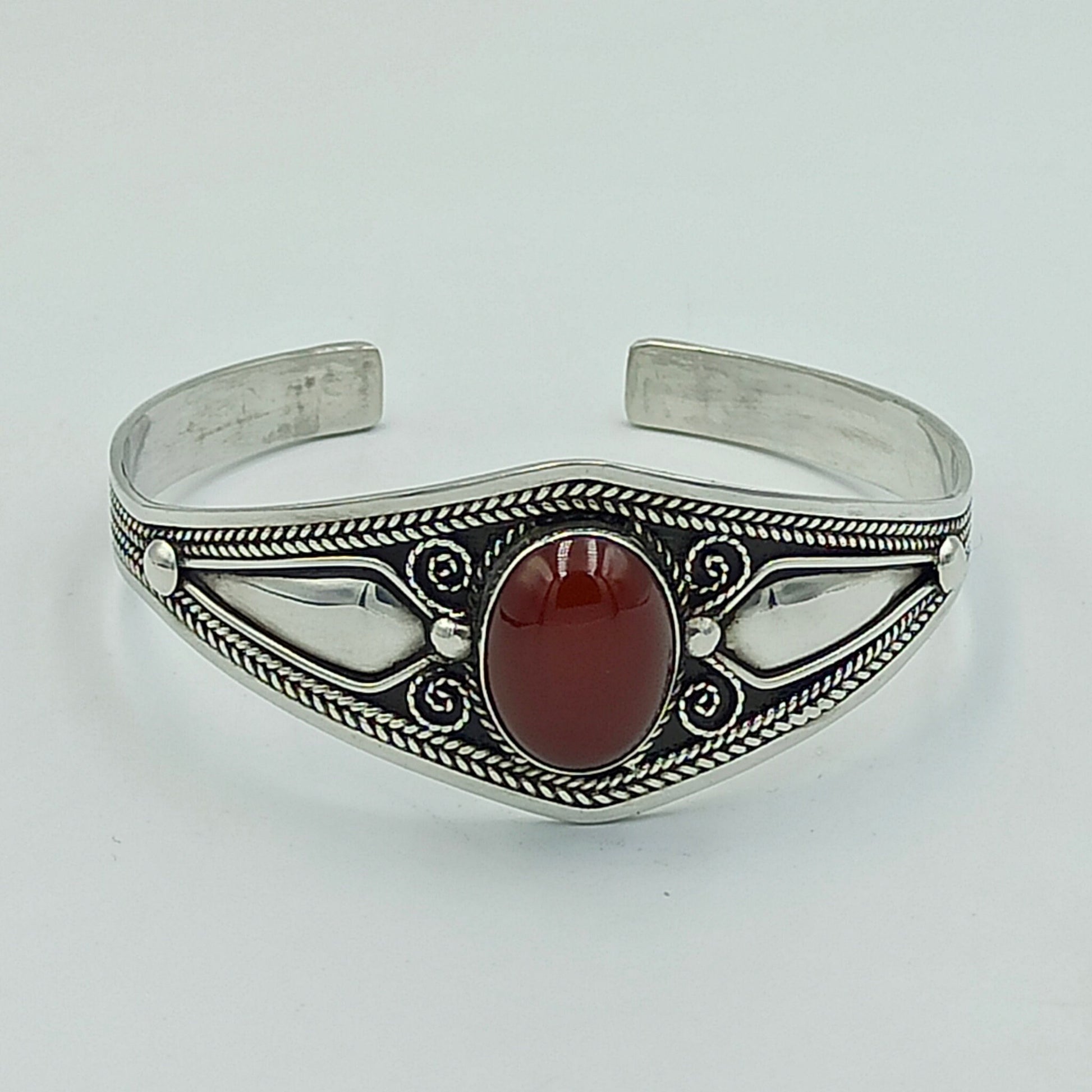 Women'S 925 Sterling Silver Handcrafted Adjustable Bracelet, Open Cuff Berber Engrave Design Boho Bangle with a Brown Bead