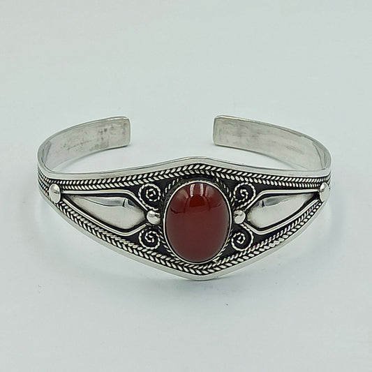 Women'S 925 Sterling Silver Handcrafted Adjustable Bracelet, Open Cuff Berber Engrave Design Boho Bangle with a Brown Bead