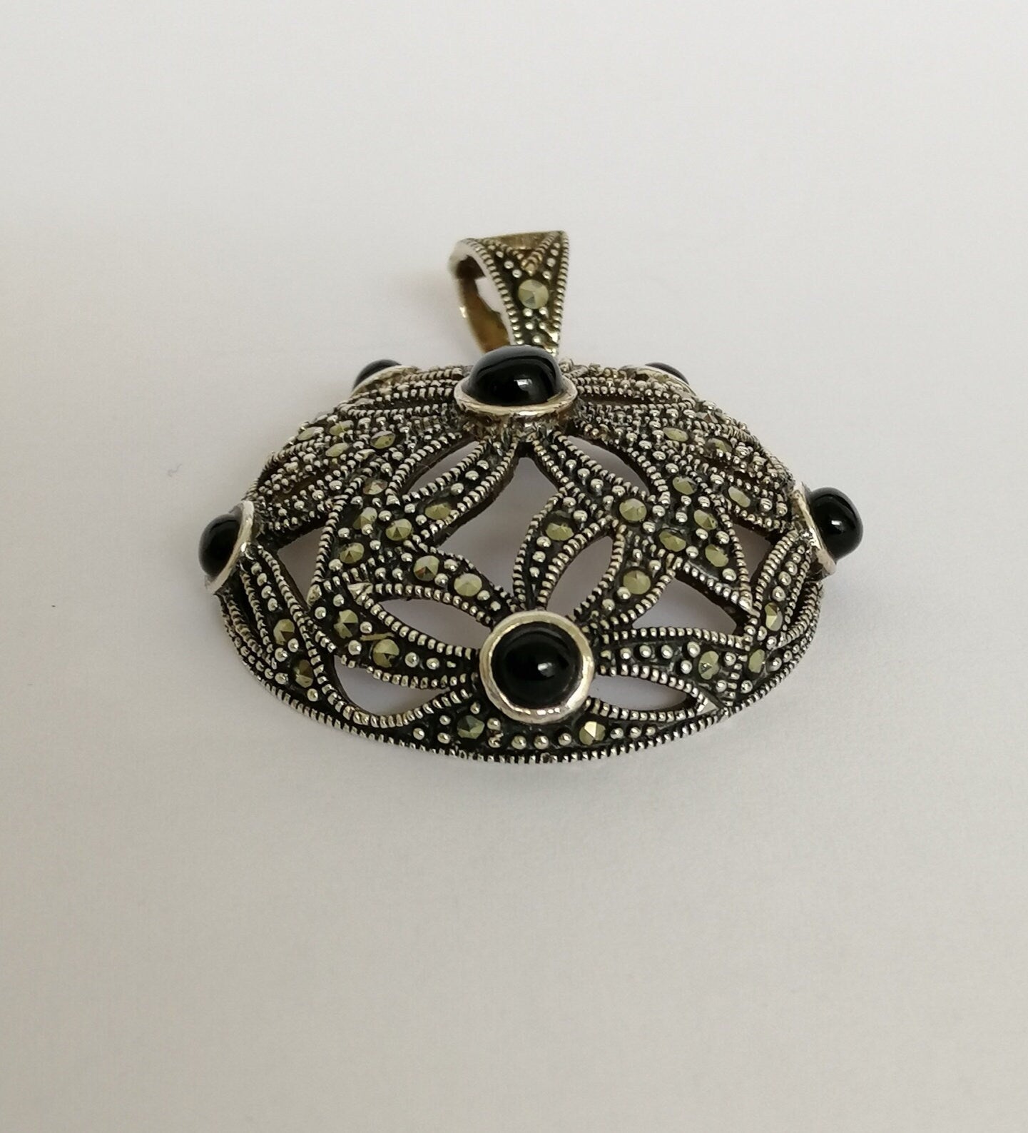 Retro Deco-Style Sterling Silver and Onyx Pendant