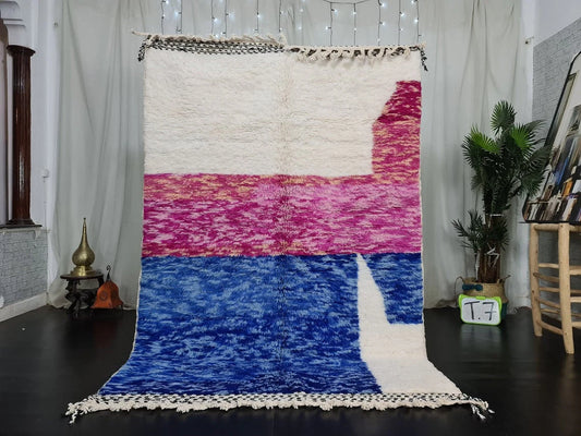 BENI OURAIN RUG, Fluffy Moroccan Rug, Handmade Custom Rug, Blue & Pink Area Rug, Beautiful Shag Beni Rug, Knotted Berber Carpet, Wool Rugs.