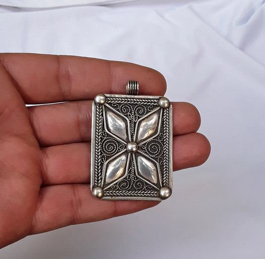 Bold Berber Silver Pendant with Geometric Reliefwork and Etching