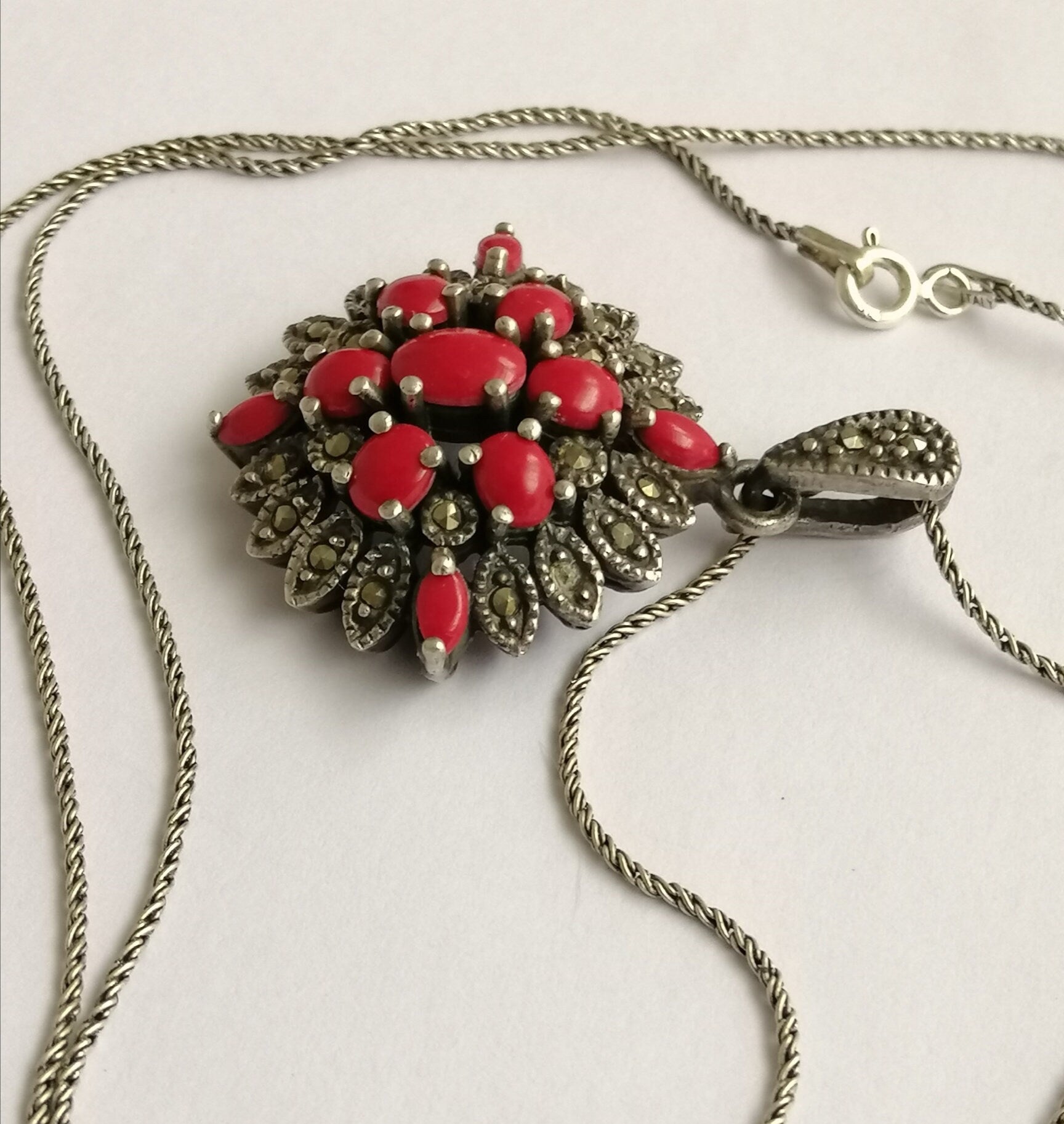 Red Resin and Sterling Silver 'Victoriana' Pendant