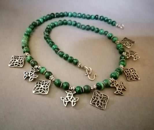 Berber Necklace in Malachite Pearls and Nine Small Old Sterling Silver Pendants. Berber Jewelry. Jewish Amulets. Berber Necklace