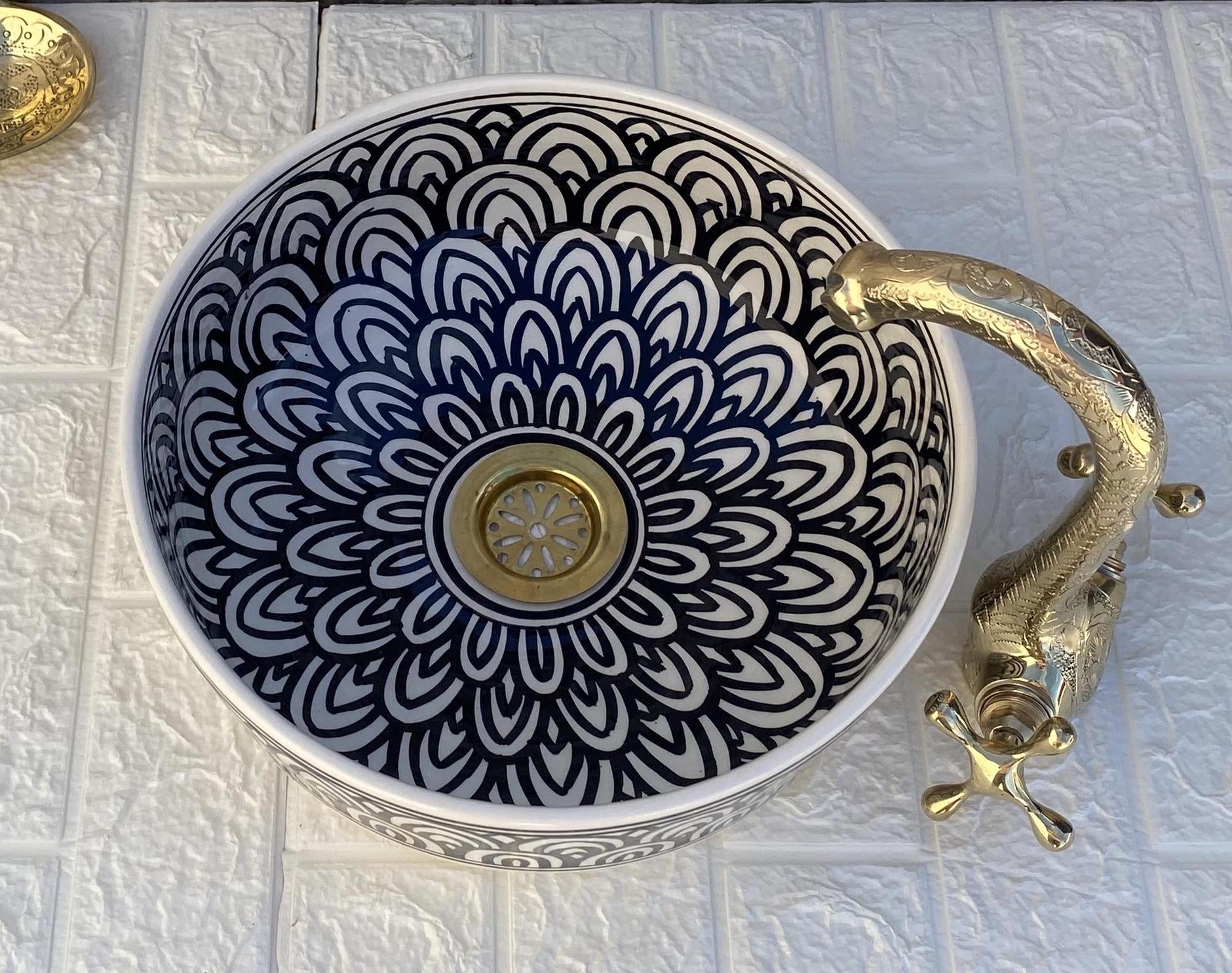 Handmade Ceramic Sink with FREE Brass Faucet and More Special Gifts - Elegant Moroccan Wash Basin - Bathroom Mid-Century Modern Style