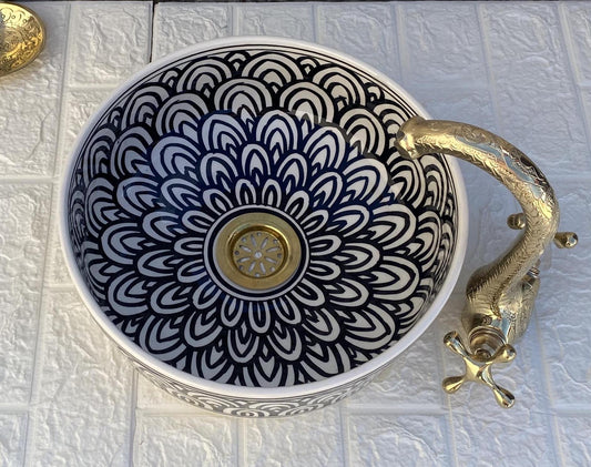 Handmade Ceramic Sink with FREE Brass Faucet and More Special Gifts - Elegant Moroccan Wash Basin - Bathroom Mid-Century Modern Style