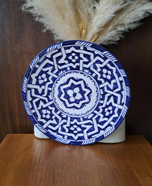Large Moroccan Ceramic Plate 25Cm – Blue & White Handmade Pottery – Boho Wall Art – Decorative Serving Dish – Artisan Home Decor