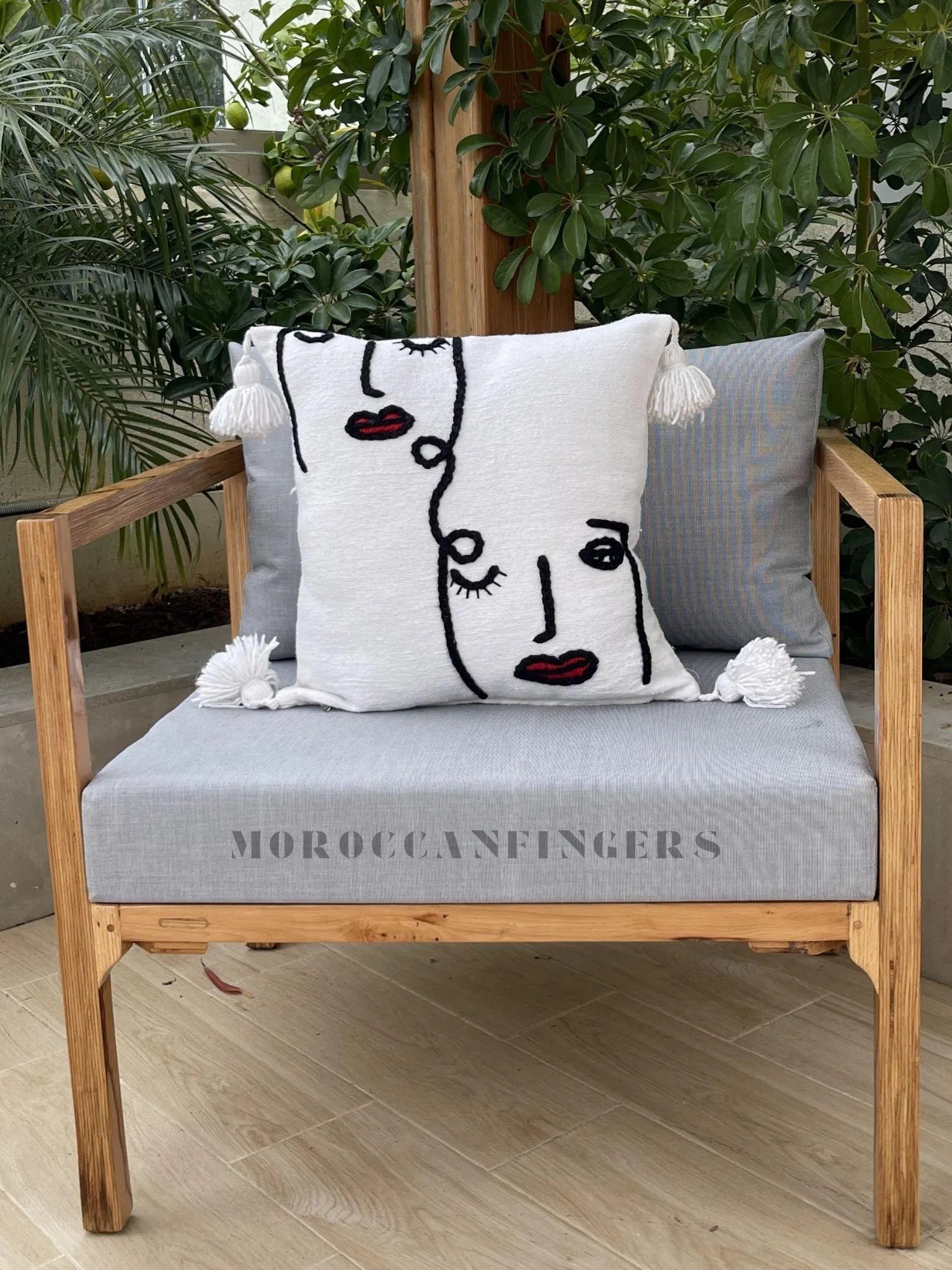 Set of 2 Line Art Pillow Covers – 18X18 Abstract Face Cushions, Handwoven Boho Decor, Recycled Cotton, Moroccan Handmade