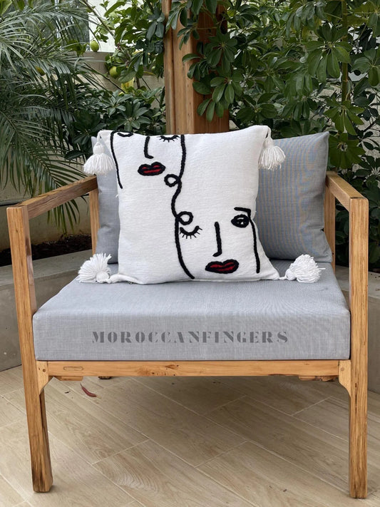 Set of 2 Line Art Pillow Covers – 18X18 Abstract Face Cushions, Handwoven Boho Decor, Recycled Cotton, Moroccan Handmade