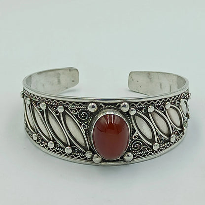 Women'S 925 Sterling Silver Handcrafted Adjustable Bracelet, Open Cuff Berber Engrave Design Boho Bangle with a Brown Bead