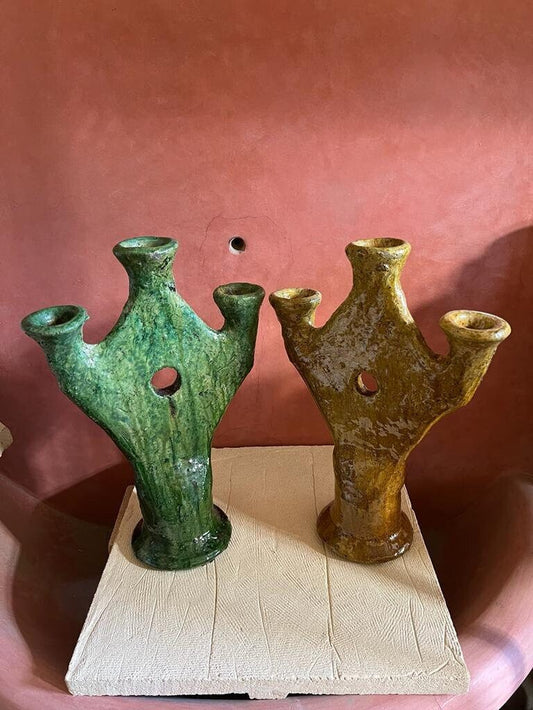 Green and Yellow Candles, Natural Candleholder