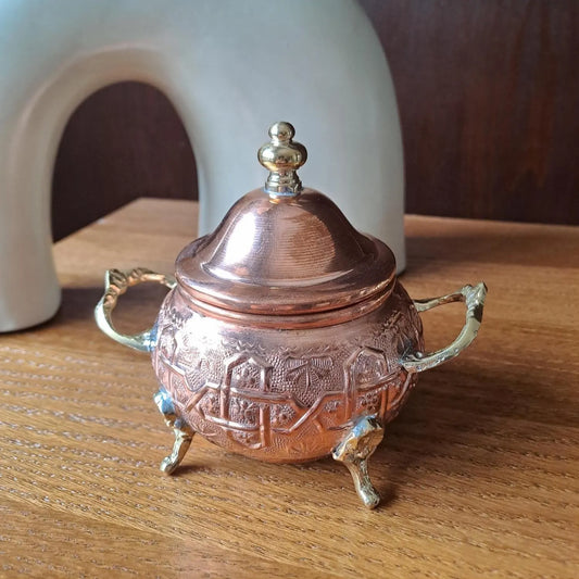Handcrafted Copper Sugar Bowl with Lid & Brass Handles – Moroccan Kitchen Decor – Footed Copper Candy Dish – Artisan Gift Idea