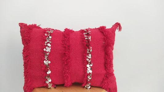 Handmade Moroccan Wedding Pillow Cover,Red Wool Cushion, Red Wool Pillow Cover Unstuffed