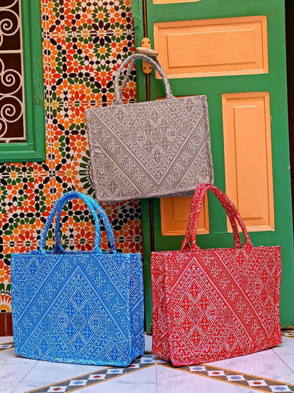 Handmade Wool Tote Bag with Moroccan Amazigh Patterns – Colorful Bags for Women, Weekender, Beach Bag