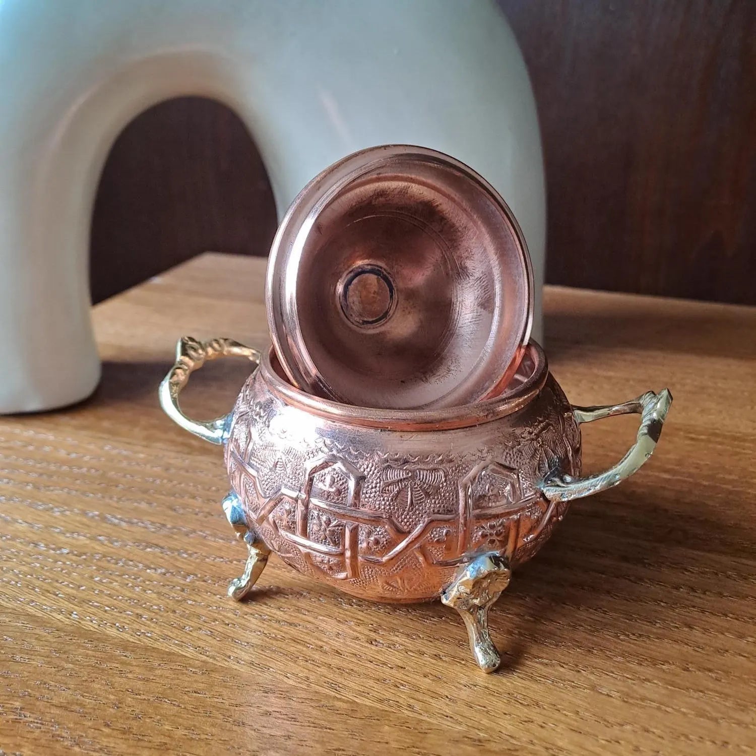 Handcrafted Copper Sugar Bowl with Lid & Brass Handles – Moroccan Kitchen Decor – Footed Copper Candy Dish – Artisan Gift Idea