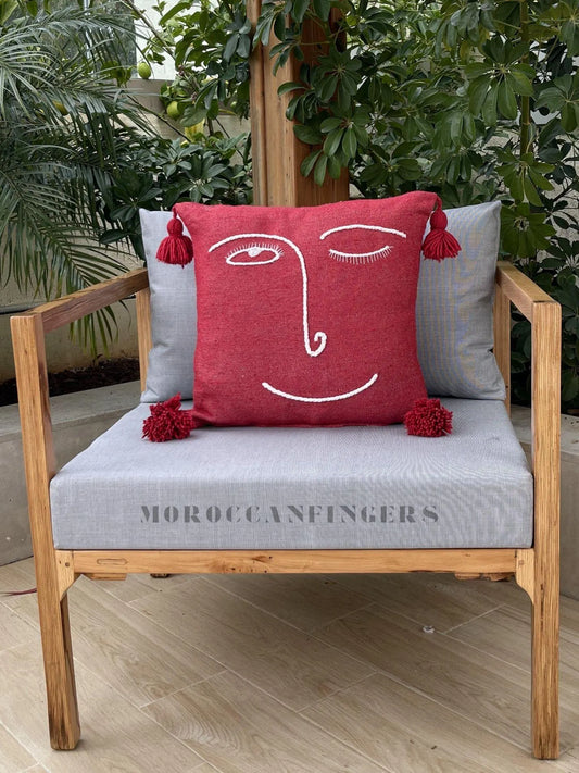 Abstract Face Pillow Covers 18X18 – Set of 2 Boho Cushion Covers, Handwoven Recycled Cotton, Handmade in Morocco