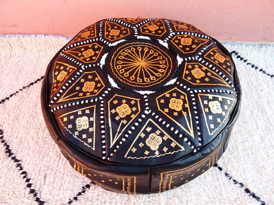 Black Bohemian Moroccan Leather Pouf - Genuine Leather round Ottoman Footstool Fez - Natural Leather Pouffe - Floor Handmade Pouf