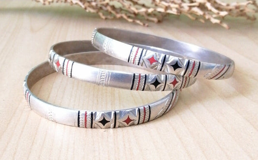 Set of 3 Tuareg Silver Bangles with Decorative Enamel