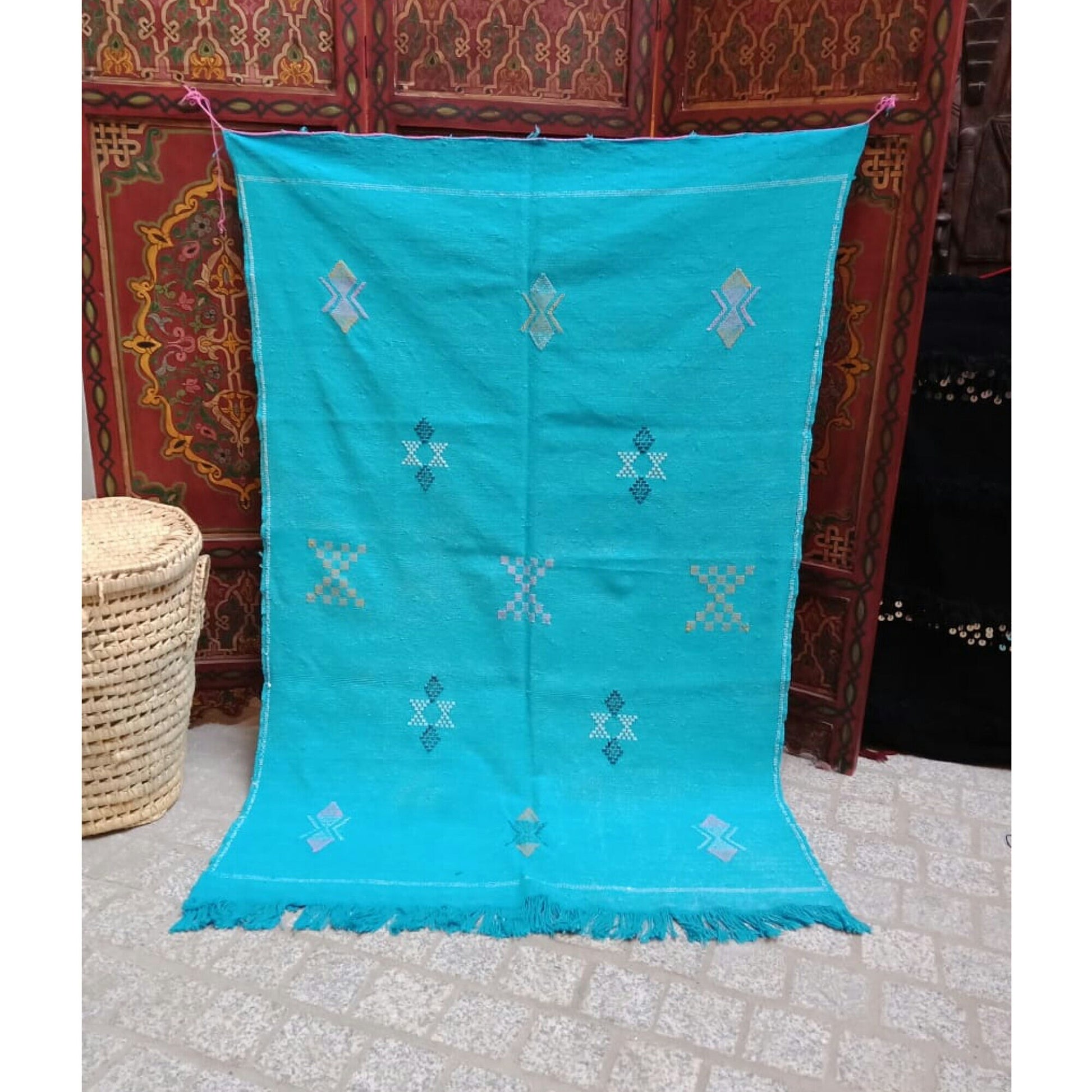Moroccan Cactus Silk Rug, Handmade Sabra Cactus Rug, Berber Sabra Rug ,Authentic Azilal Rug, Bleu Cactus Silk ,Bohemian Rug